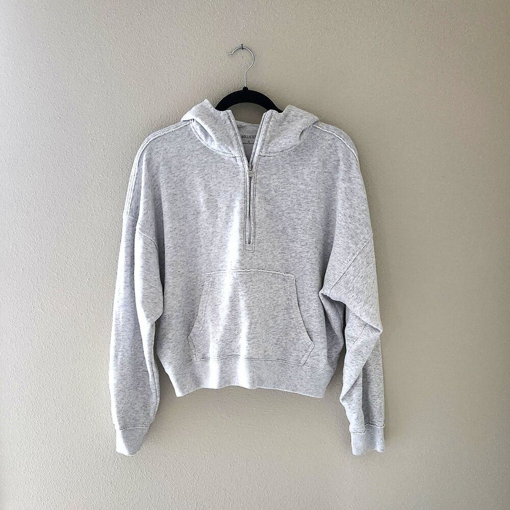 HOLLISTER Light Gray Cotton Blend Easy Half Zip Hoodie Sweatshirt Size S